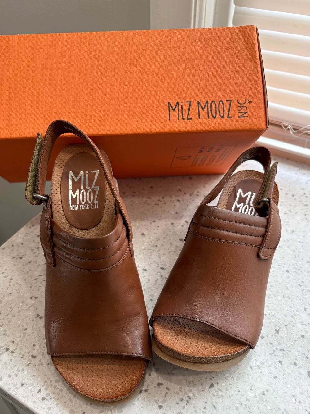 Miz Mooz Brandy Leather Open-Toe Slingback Wedge Mules- “Sabrina”